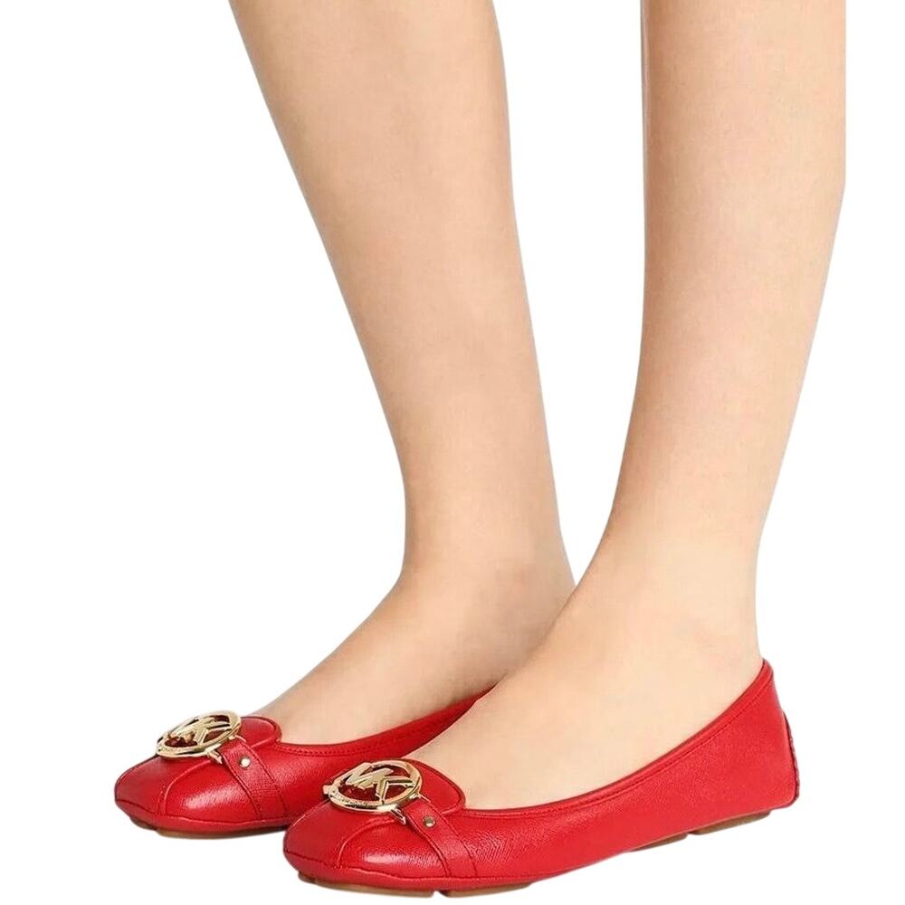 MICHAEL KORS Fulton Moc Saffiano Moccasins Flats Bright Red with Gold Logo, 10M